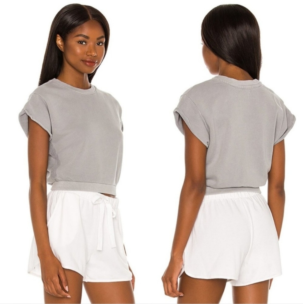 Maaji Loungewear Marble Pebble Gray Terry Top Ribbed Crop T-Shirt NWT Size Small